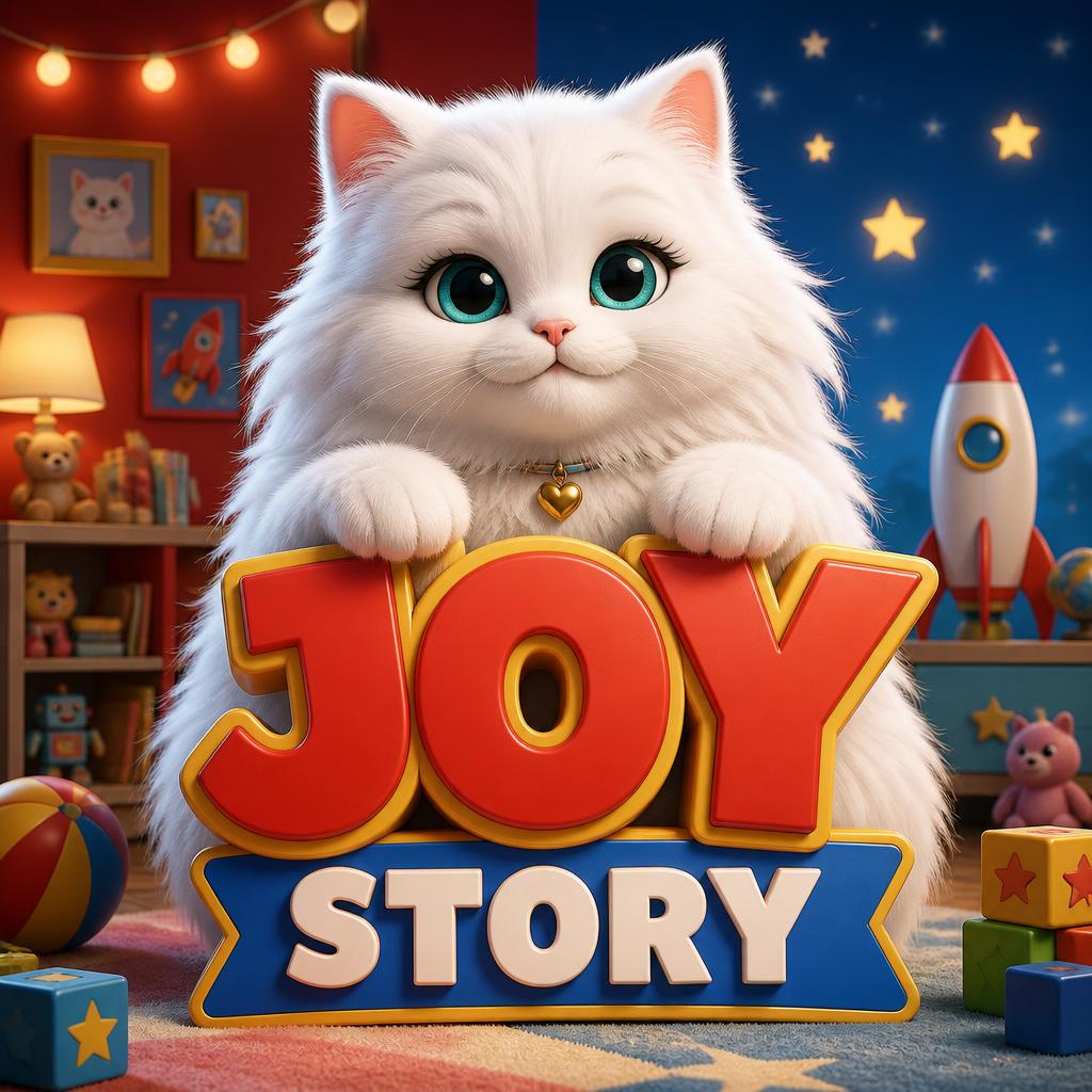Joy the white Persian cat reimagined as a Pixar-style Joy Story toon poster